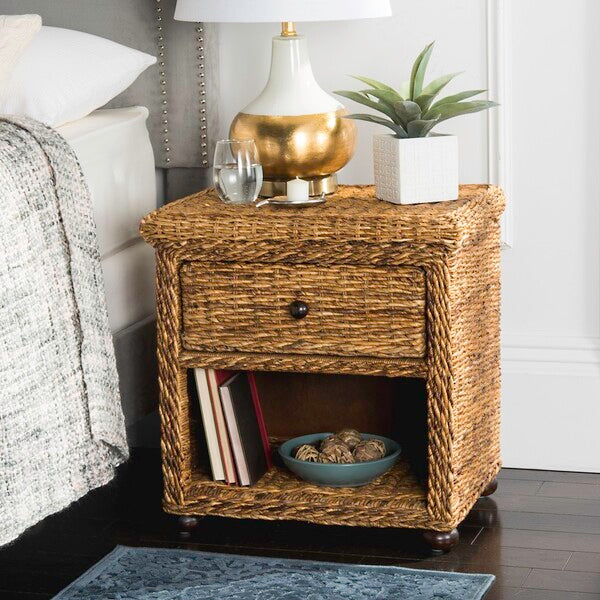 MAGI NATURAL BROWN WICKER NIGHTSTAND WITH DRAWER AND 8"H STORAGE